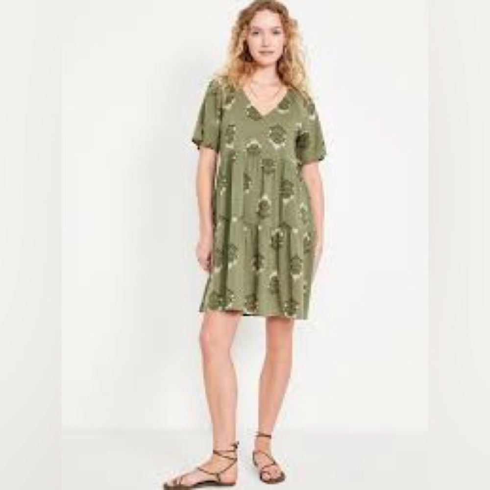 Old Navy V-Neck Mini Swing Dress - Olive Print - Medium Petite